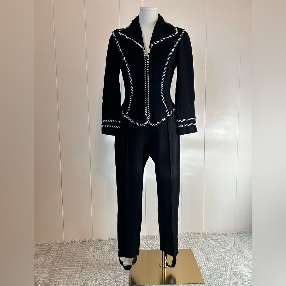 Vintage Tadashi Black Women's Jumpsuit with White Piping foot loops size medium